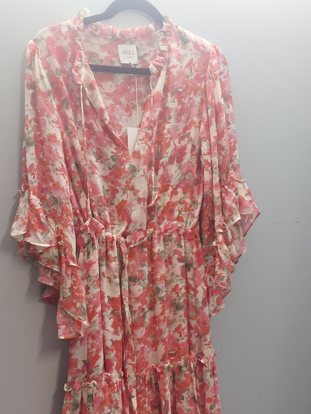 MISA Los Angeles Pink Floral Ruffle Midi Dress Size Xs